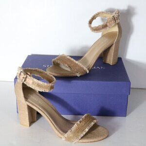 Stuart Weitzman Chaingang Frayed Linen Beaded Gold Heels Womens 7.5 Tan Strappy